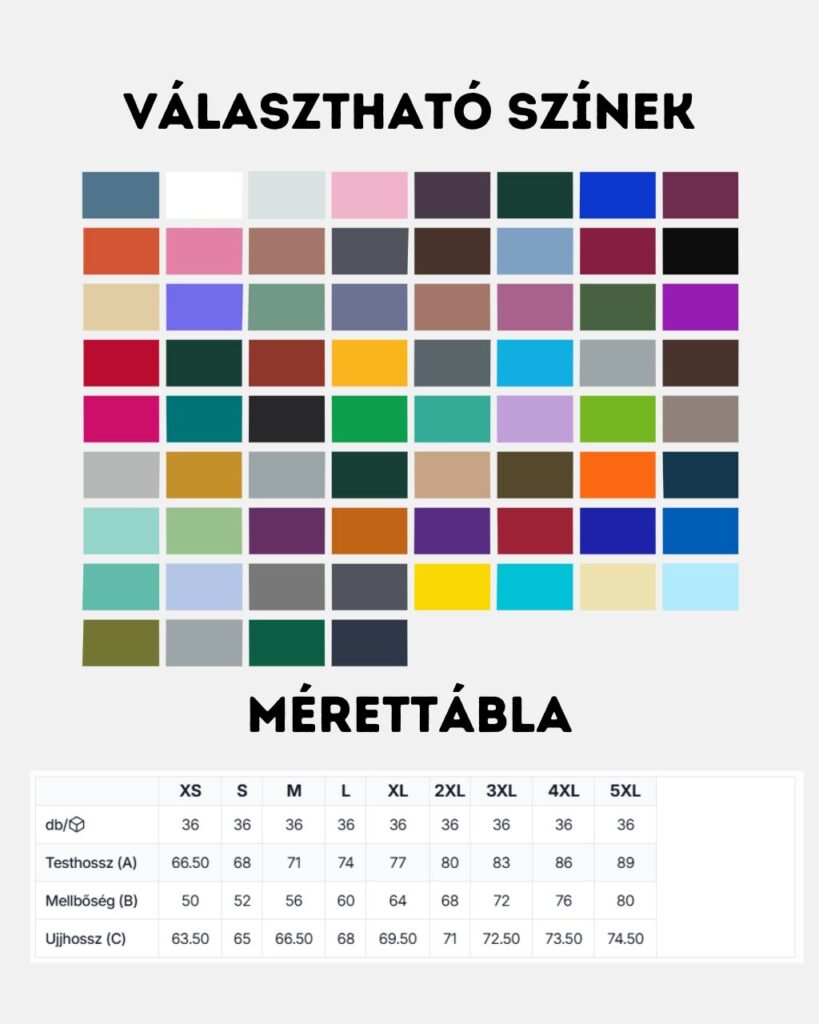 Just Hoods Sweat Környakú céges pulóver színskála és mérettábla, csapat pulóver mintázás. Céges ruha emblémázás.