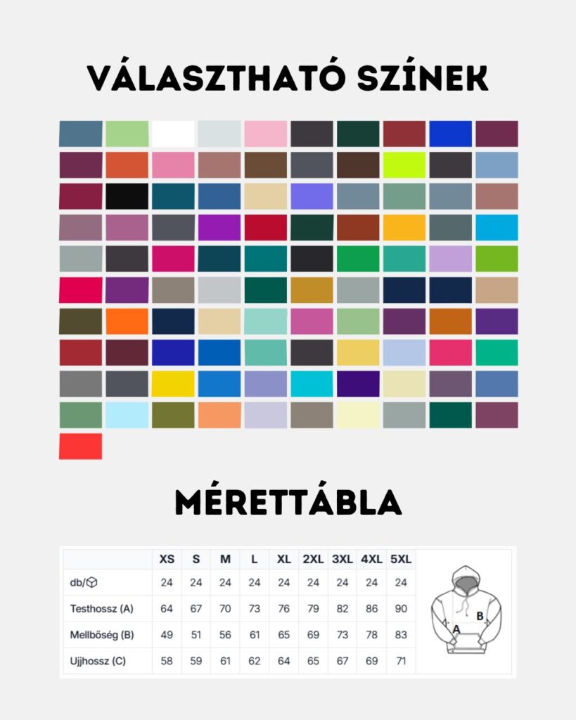 Just Hoods Hoodie Kapucnis belebújós céges pulóver színskála és mérettábla, csapat pulóver mintázás. Céges ruha emblémázás.