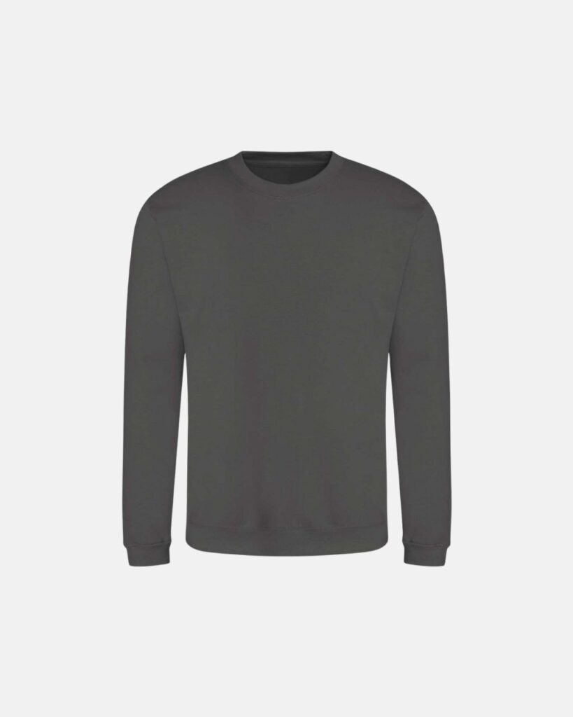 Just Hoods Sweat Sötétszürke Környakú céges pulóver, csapat pulóver mintázás. Céges ruha emblémázás.