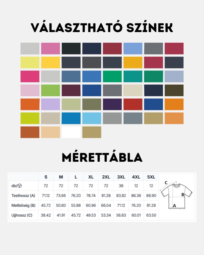 GI2000 ultra cotton környakú színskála és mérettábla